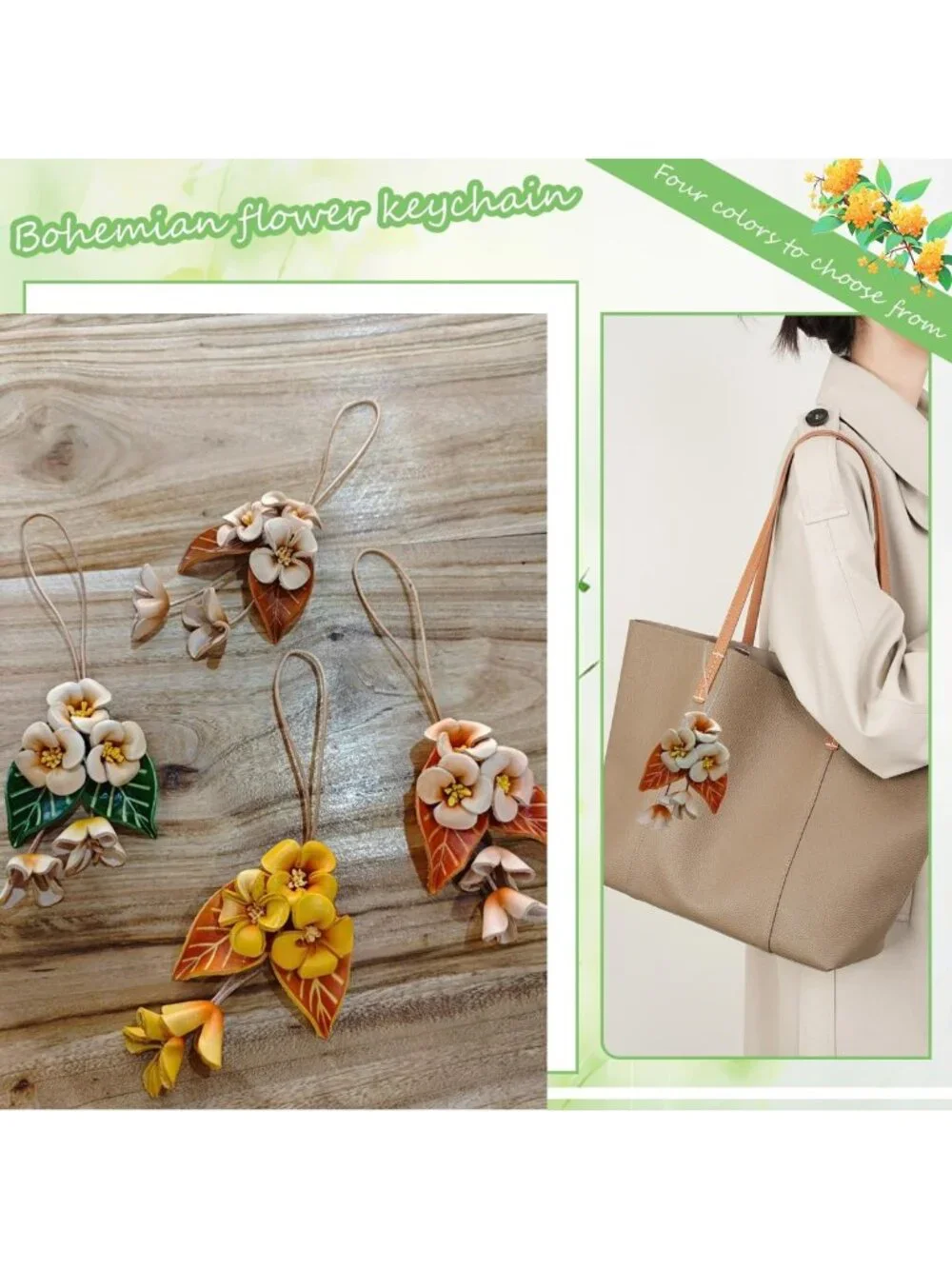 Boho Leather Flower Bag Charm | Genuine Rose Keychain Pendant for Purse